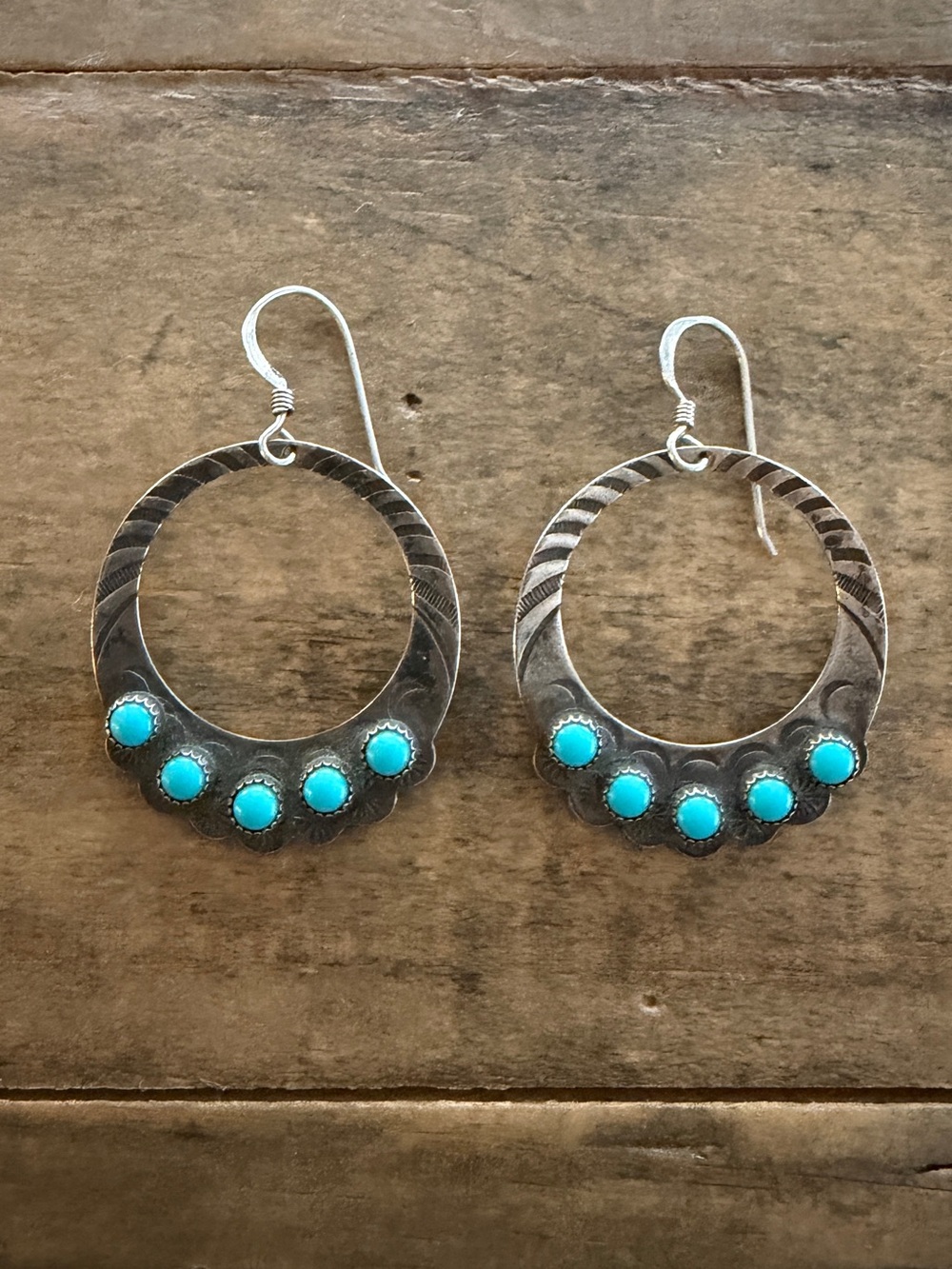 Vintage Native Navajo Sterling Silver Turquoise Hoop Dangle Earrings